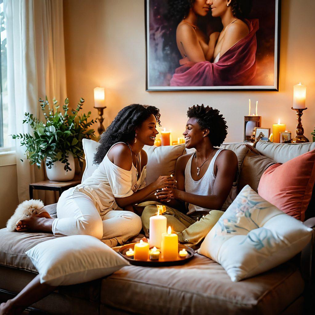 An inviting and intimate scene featuring diverse individuals celebrating their sexuality within a cozy, beautifully decorated room adorned with soft lighting and plush cushions. Elements like colorful candles, sensual art on the walls, and subtle floral arrangements create a warm atmosphere. Include symbols of connection and joy, such as intertwined hands and laughter, capturing the spirit of community and exploration in sexual wellness. super-realistic. warm colors. soft focus.