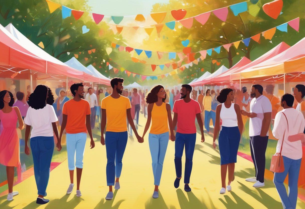 A lively scene depicting a diverse group of people engaging in playful and flirtatious interactions at a vibrant community event. Include colorful banners that celebrate love and connection, with a warm and inviting atmosphere. Add a mix of couples and singles, showcasing joy and variety in relationships. Integrate elements like hearts, playful symbols, and a serene park background. bright colors. modern illustration.