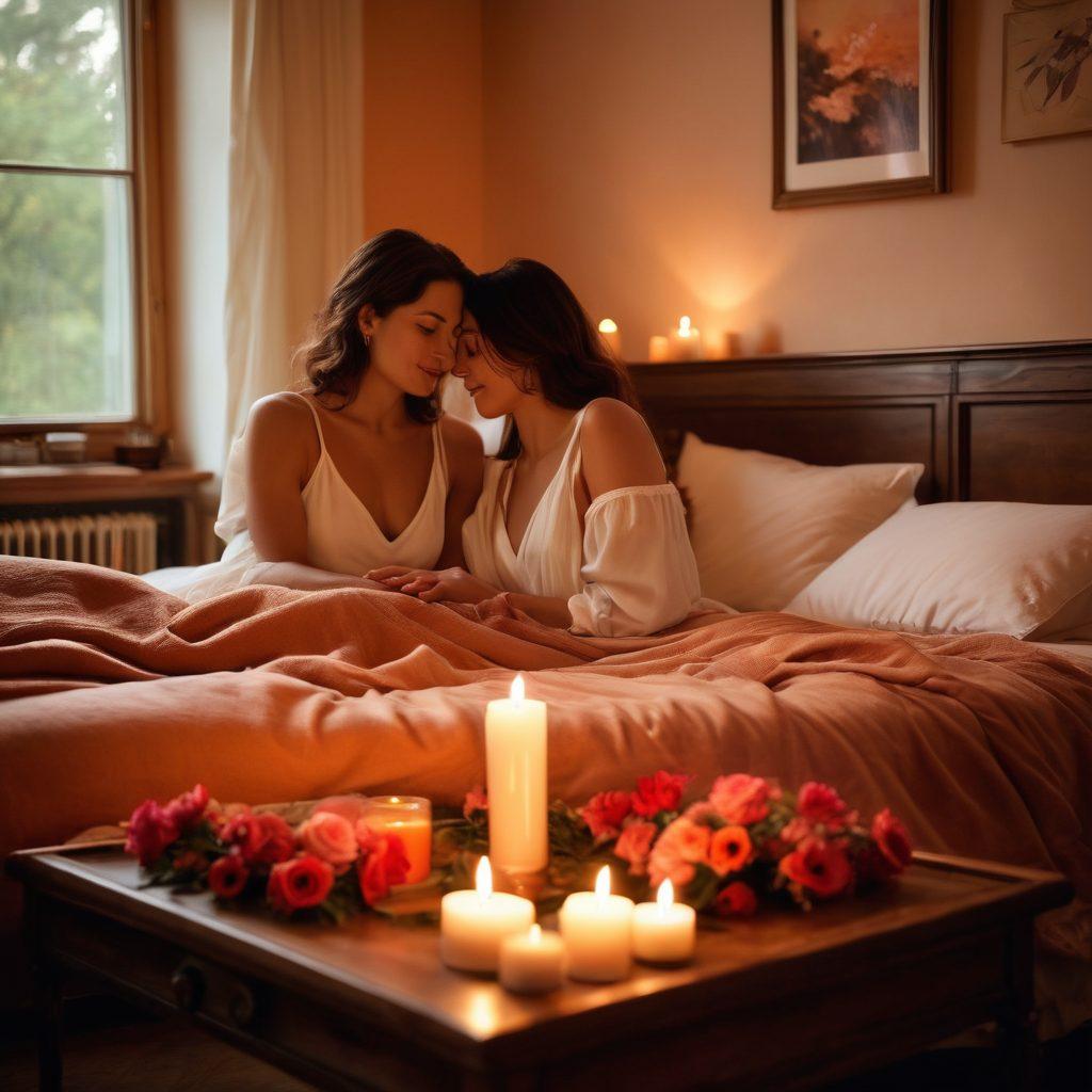A tranquil, intimate setting with soft lighting, featuring a couple sharing a tender moment, surrounded by warm colors and plush furnishings. Elements of nature like flowers and candles enhancing the romance, with subtle symbols of love like hearts and intertwined hands depicted. This scene captures the essence of passion and pleasure in relationships, inviting readers into a world of connection and intimacy. warm tones. romantic ambiance. soft focus.
